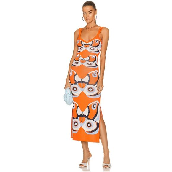 Alexis Chiarina Butterfly-Print Midi Knit V-Neck A-Line MIDI Dress Sz M Orange - Picture 1 of 16